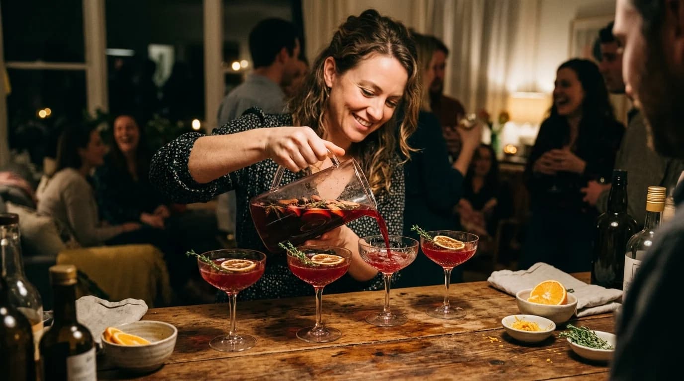 A host pouring a batch cocktail from a pitcher into coupe glasses