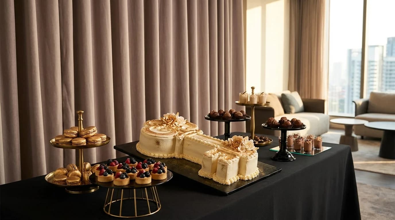 A 21st birthday dessert table at a condo function room, a key-shaped cake, macarons and fruit tarts, soft warm lighting
