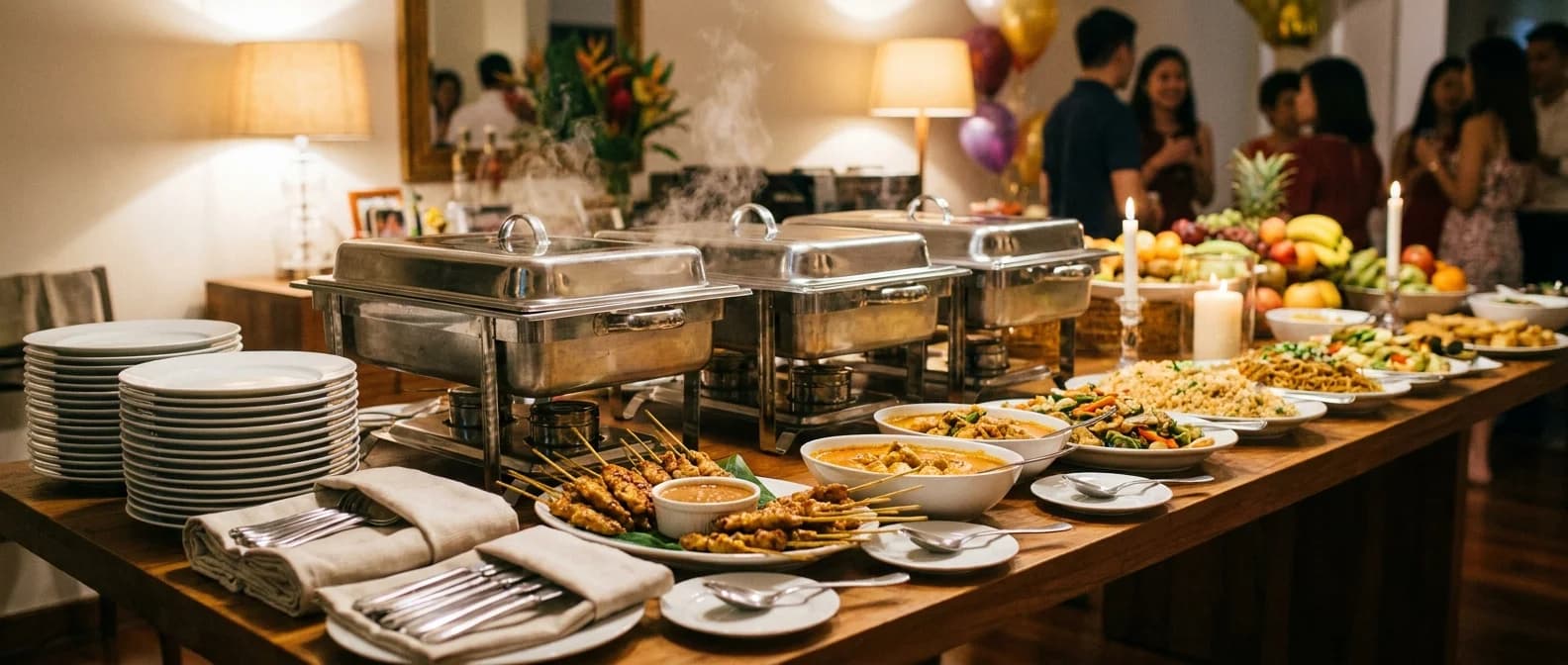 A Singapore party buffet spread in chafing dishes with satay, curry, rice and noodles, a stack of plates at one end