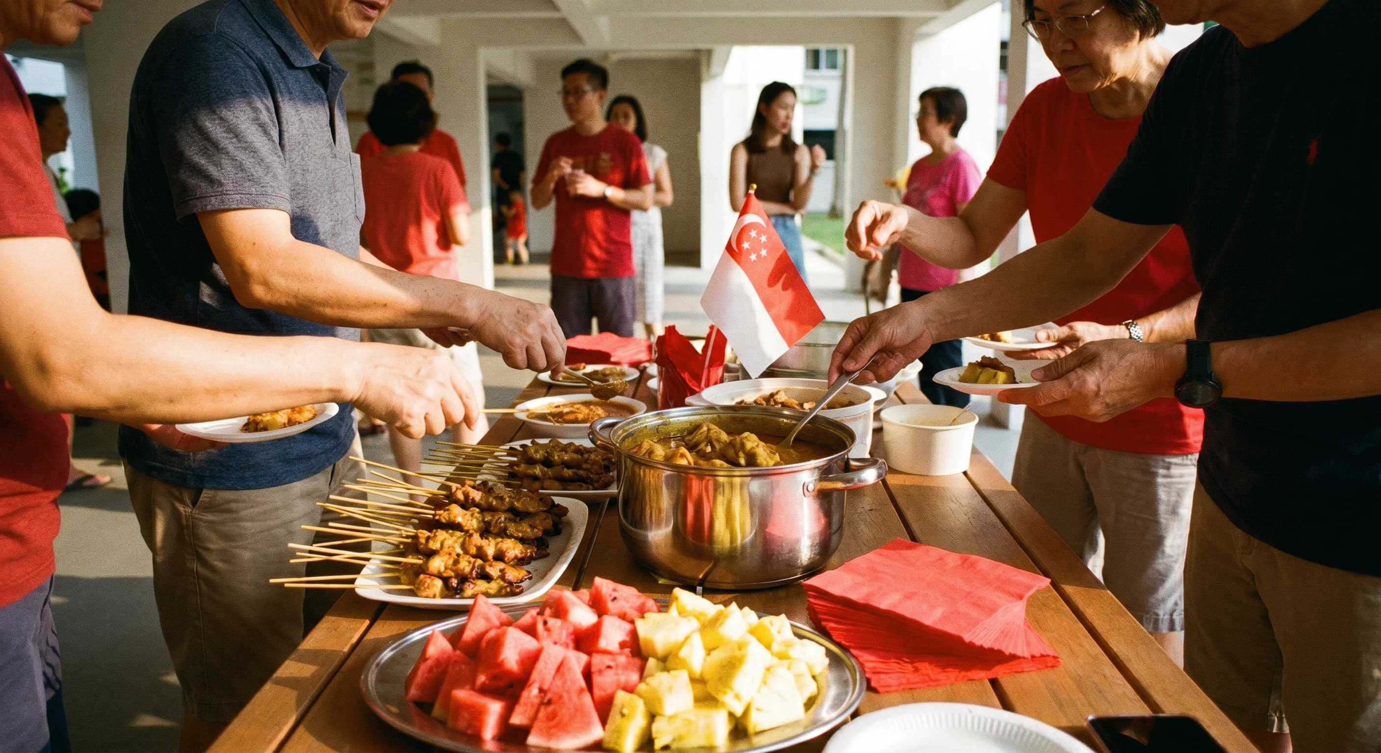 A void-deck potluck table with satay, curry, cut fruit and red-and-white napkins