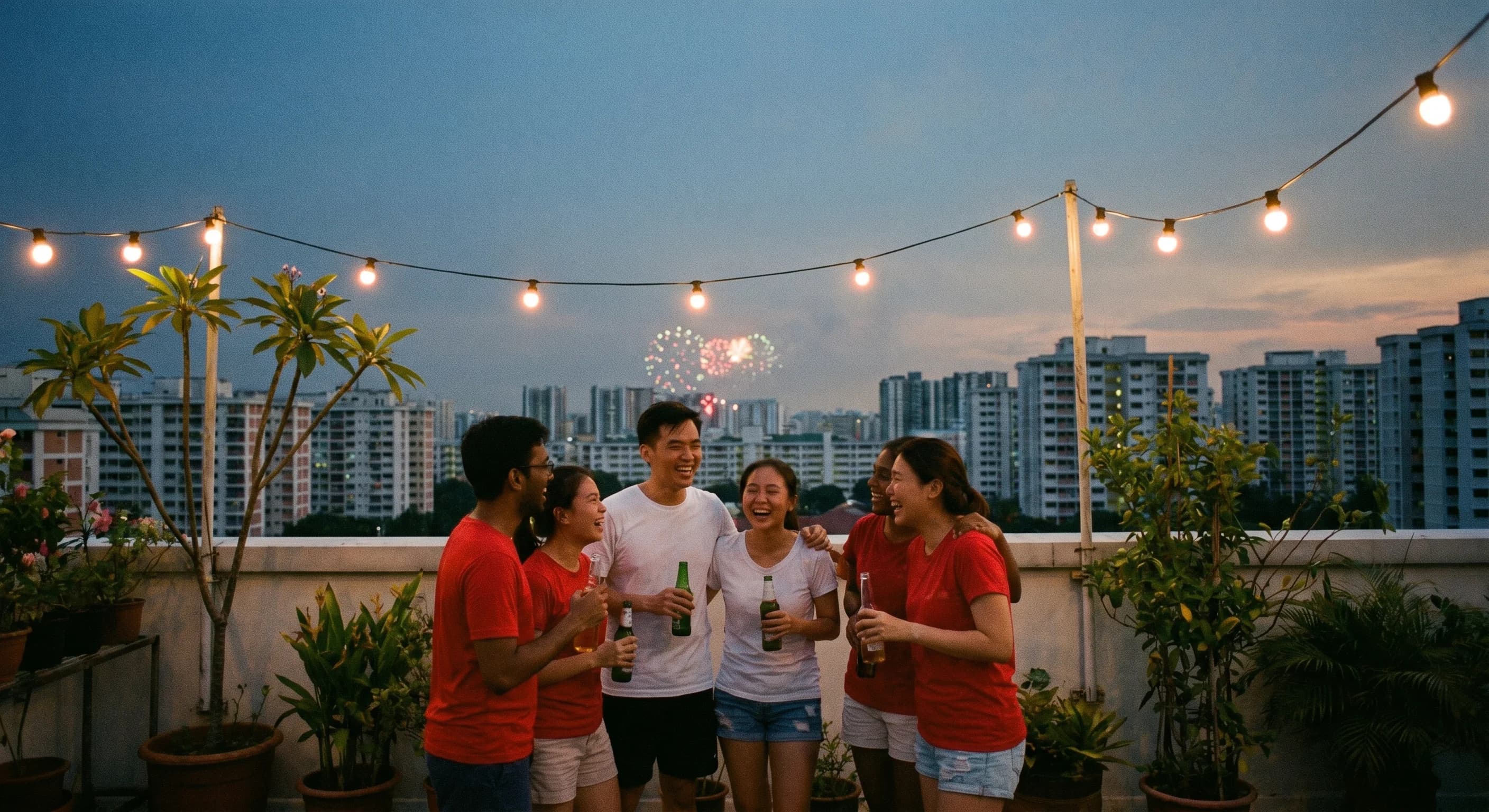 Friends in red and white gathered on an HDB rooftop at dusk watching distant fireworks