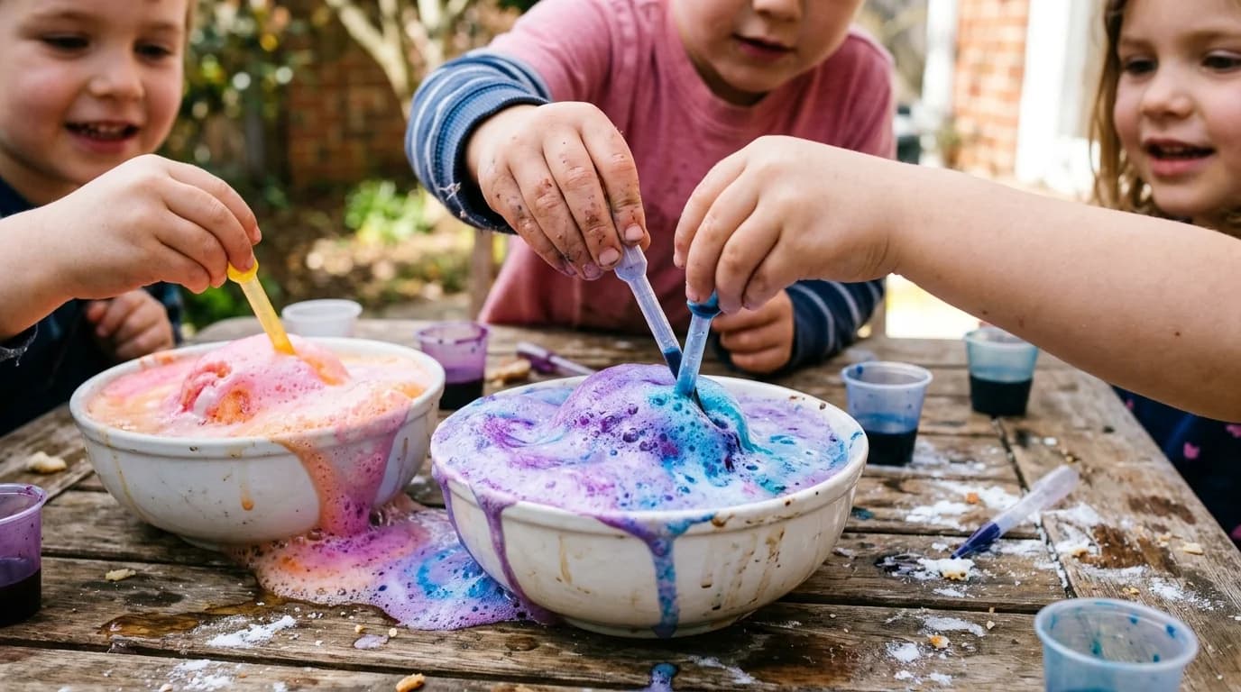 Kids making baking-soda planets fizz and foam with droppers at a party table