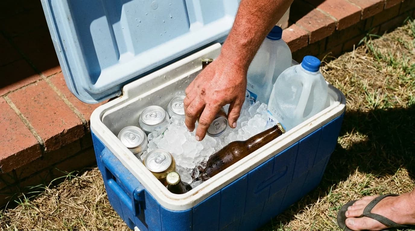 A hand pulling cold drinks out of an esky packed with ice on a bright summer afternoon