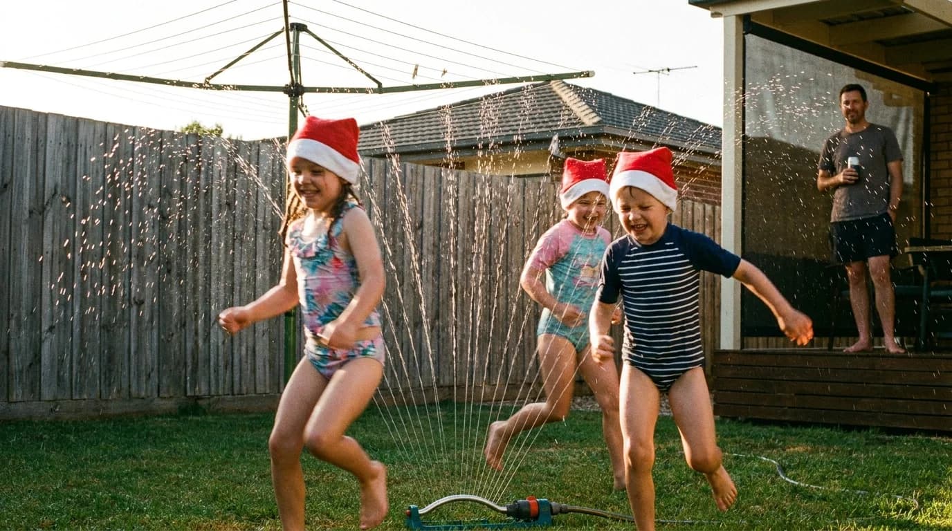 Kids in Santa hats running through a sprinkler in a sunlit Australian backyard