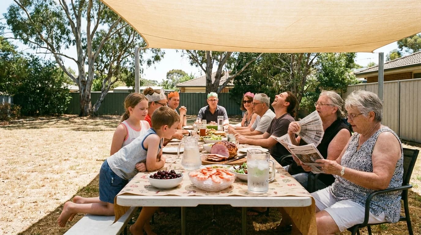 An Australian family eating Christmas lunch outdoors under a shade sail on a hot summer day