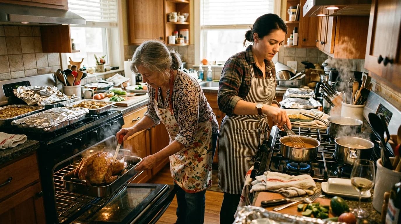 Two people cooking in a busy kitchen on Thanksgiving morning