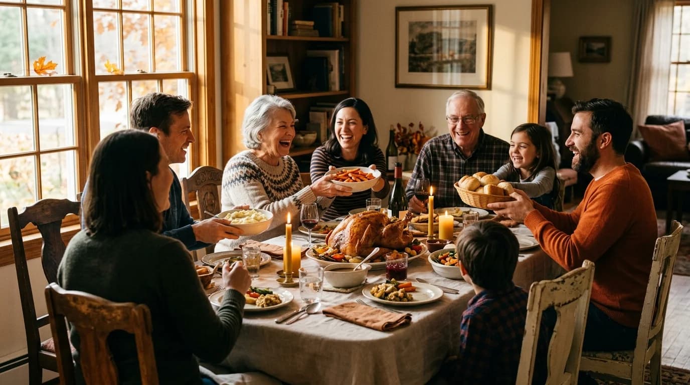 A family passing dishes around a crowded, candlelit Thanksgiving table