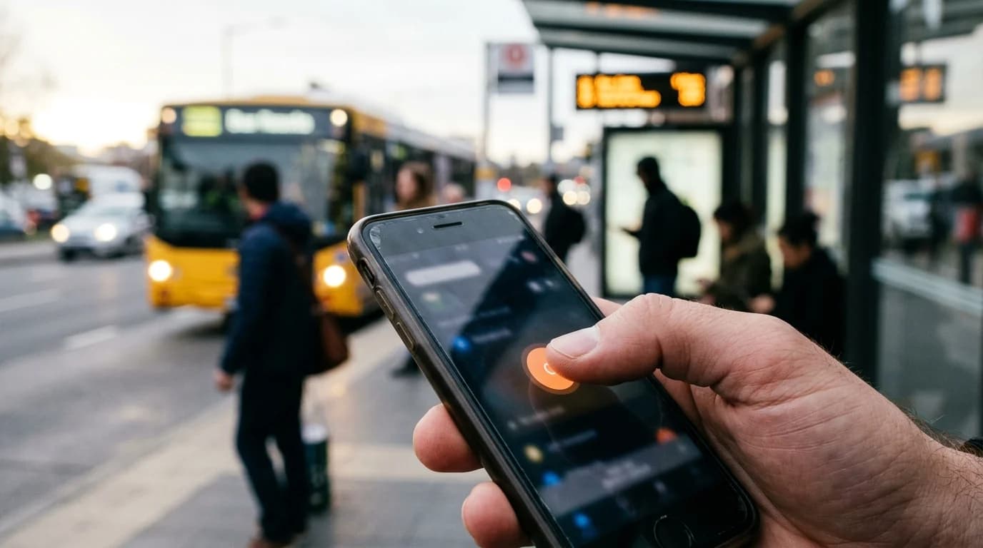 A guest tapping an RSVP response on their phone at a bus stop