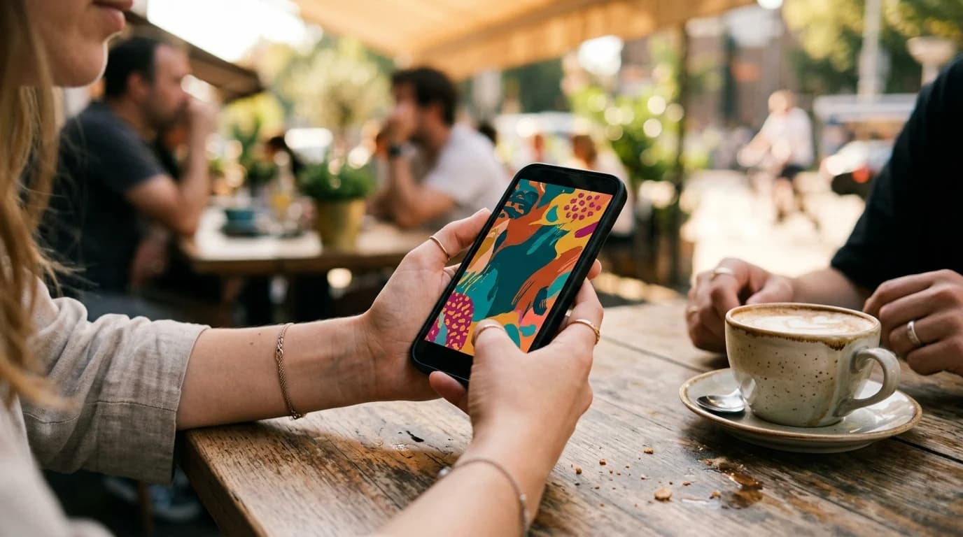 Hands holding a phone showing a baby shower invitation at a cafe table