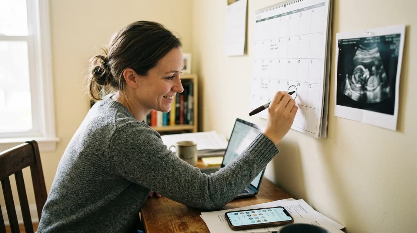 A woman circling a date on a wall calendar next to a pinned ultrasound photo