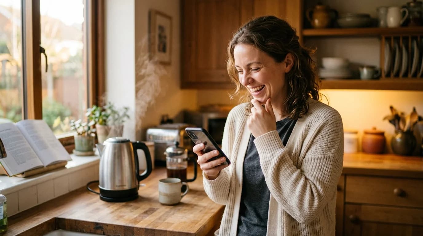 A woman smiling at a wedding invitation arriving on her phone