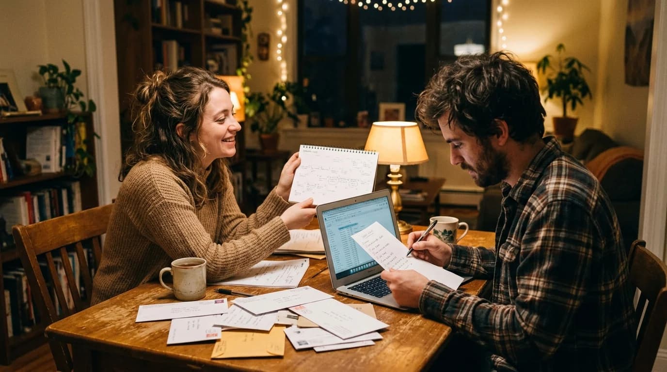 A couple sorting wedding invitation envelopes and a calendar at their dining table